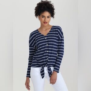 NWT 89th & Madison Navy and White Striped Button Vneck front-tie long sleeve tee